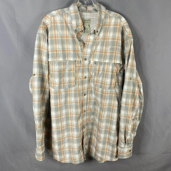 L.L. Bean Other - LL  Bean Shirt Mens L Gray Orange Plaid Nylon Vented Outdoor Fishing Roll-Tab
